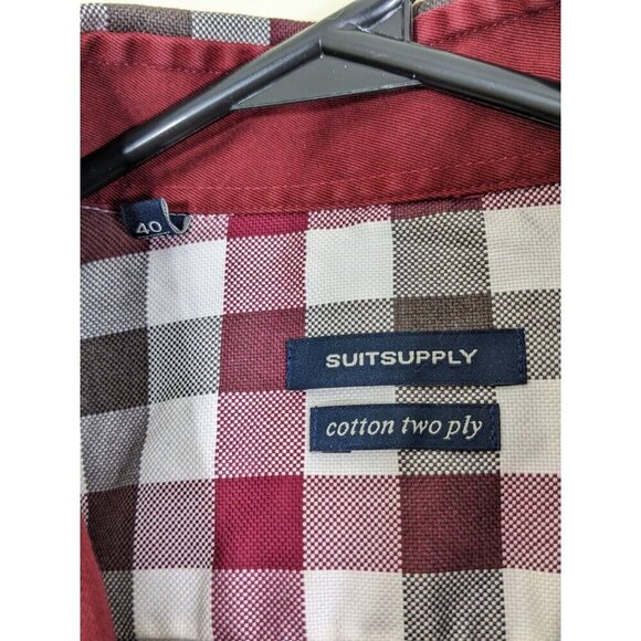 Suitsupply Mens Button Down Shirt 40 Red White Plaid Checked Long Sleeve Cotton - Picture 3 of 4